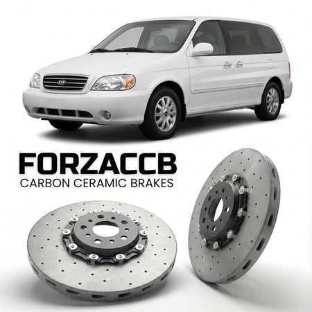 ForzaCCB direct OEM replacement carbon ceramic brake rotors for 2005-2006) Kia Carnival I (UP/GQ, facelift 2001 models, shown with a white Kia Carnival car.