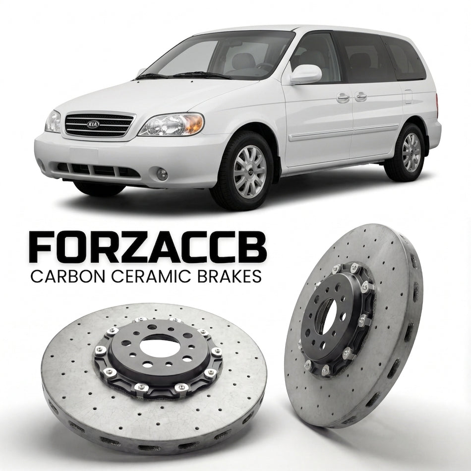 ForzaCCB direct OEM replacement carbon ceramic brake rotors for 2005-2006) Kia Carnival I (UP/GQ, facelift 2001 models, shown with a white Kia Carnival car.