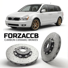 ForzaCCB direct OEM replacement carbon ceramic brake rotors for 2006 to 2010 Kia Carnival II models, shown with a white Kia Carnival car.