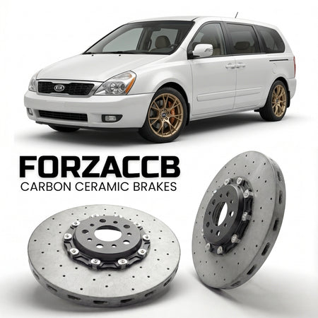 ForzaCCB direct OEM replacement carbon ceramic brake rotors for 2006 to 2010 Kia Carnival II models, shown with a white Kia Carnival car.