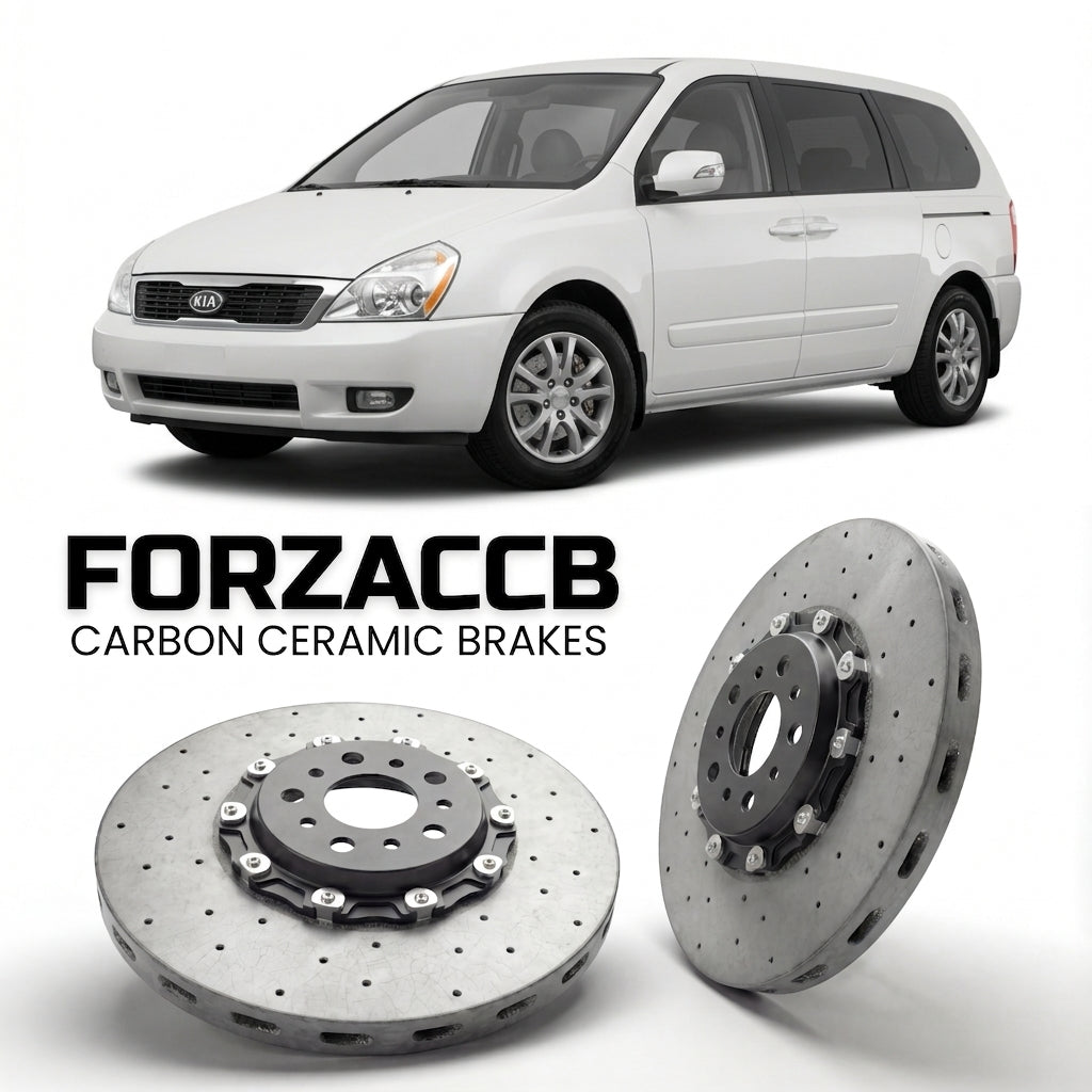 ForzaCCB direct OEM replacement carbon ceramic brake rotors for 2006-2010) Kia Carnival II (VQ models, shown with a white Kia Carnival car.