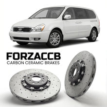 ForzaCCB direct OEM replacement carbon ceramic brake rotors for 2006-2010) Kia Carnival II (VQ models, shown with a white Kia Carnival car.