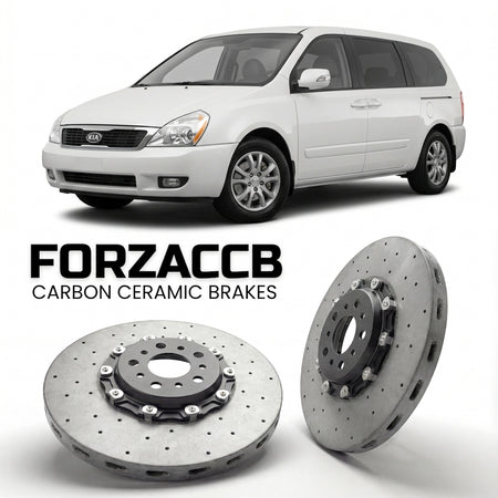 ForzaCCB direct OEM replacement carbon ceramic brake rotors for 2006-2010) Kia Carnival II (VQ models, shown with a white Kia Carnival car.