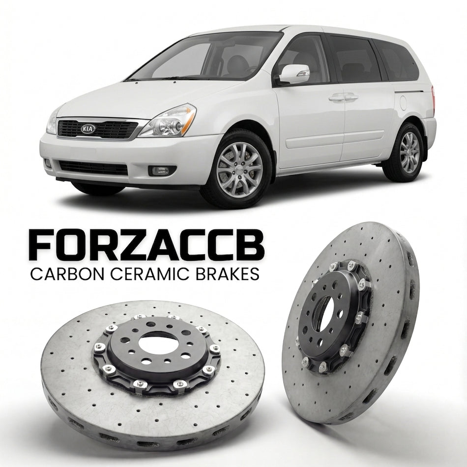 ForzaCCB direct OEM replacement carbon ceramic brake rotors for 2006-2010) Kia Carnival II (VQ models, shown with a white Kia Carnival car.