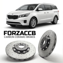 ForzaCCB direct OEM replacement carbon ceramic brake rotors for 2010-2014) Kia Carnival II (facelift 2010 models, shown with a white Kia Carnival car.