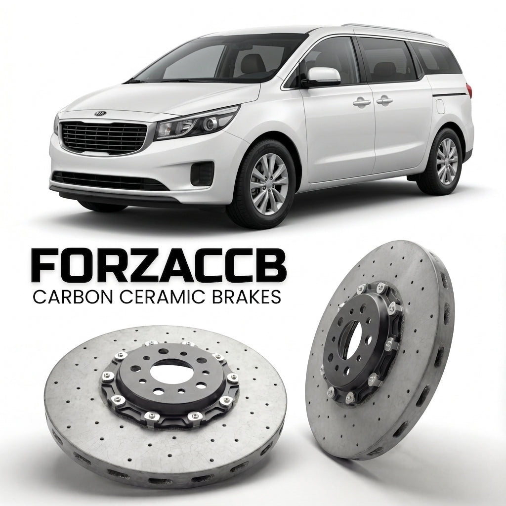 ForzaCCB direct OEM replacement carbon ceramic brake rotors for 2010-2014) Kia Carnival II (facelift 2010 models, shown with a white Kia Carnival car.