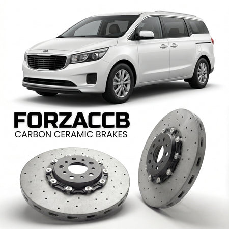 ForzaCCB direct OEM replacement carbon ceramic brake rotors for 2010-2014) Kia Carnival II (facelift 2010 models, shown with a white Kia Carnival car.