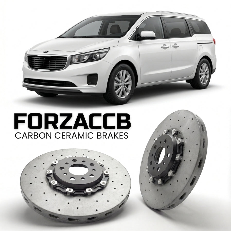 ForzaCCB direct OEM replacement carbon ceramic brake rotors for 2010-2014) Kia Carnival II (facelift 2010 models, shown with a white Kia Carnival car.