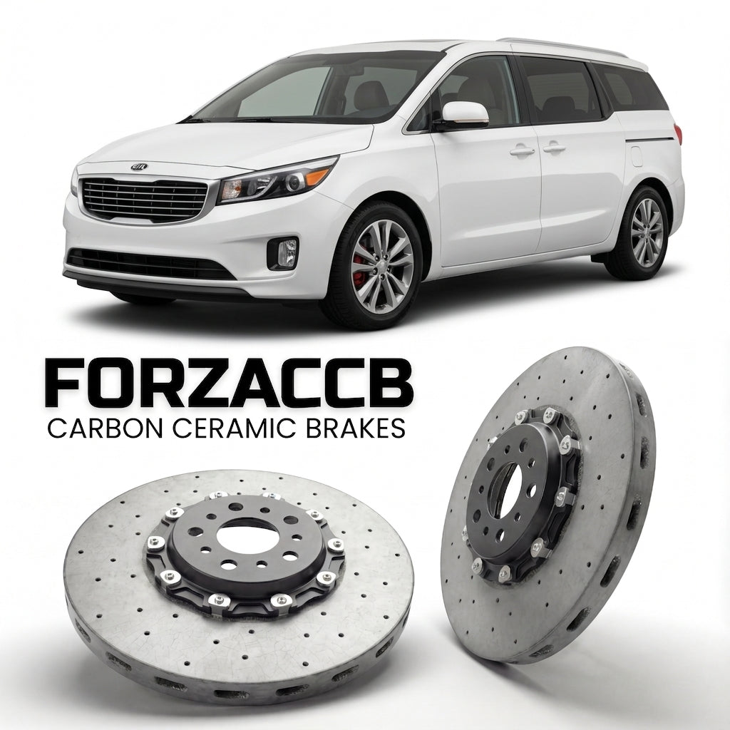 ForzaCCB direct OEM replacement carbon ceramic brake rotors for 2010-2014) Kia Carnival II (VQ, facelift 2010 models, shown with a white Kia Carnival car.