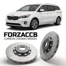 ForzaCCB direct OEM replacement carbon ceramic brake rotors for 2010-2014) Kia Carnival II (VQ, facelift 2010 models, shown with a white Kia Carnival car.