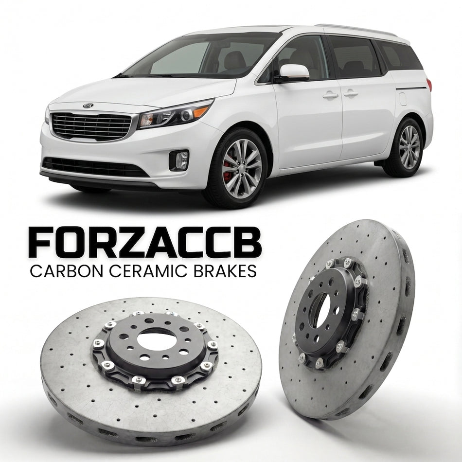 ForzaCCB direct OEM replacement carbon ceramic brake rotors for 2010-2014) Kia Carnival II (VQ, facelift 2010 models, shown with a white Kia Carnival car.