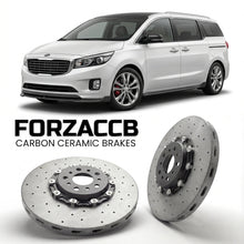 ForzaCCB direct OEM replacement carbon ceramic brake rotors for 2014 to 2018 Kia Carnival III models, shown with a white Kia Carnival car.