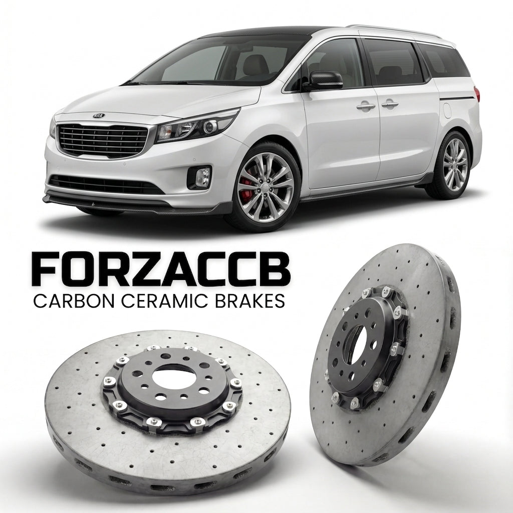 ForzaCCB direct OEM replacement carbon ceramic brake rotors for 2014 to 2018 Kia Carnival III models, shown with a white Kia Carnival car.