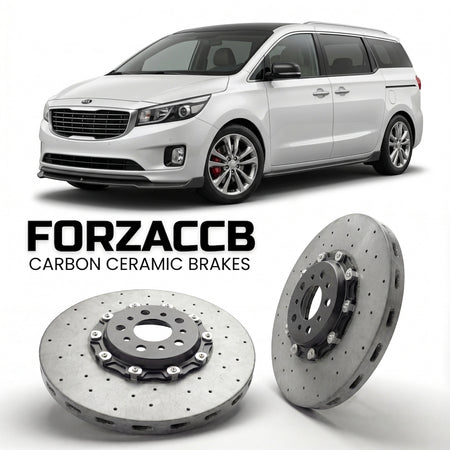 ForzaCCB direct OEM replacement carbon ceramic brake rotors for 2014 to 2018 Kia Carnival III models, shown with a white Kia Carnival car.