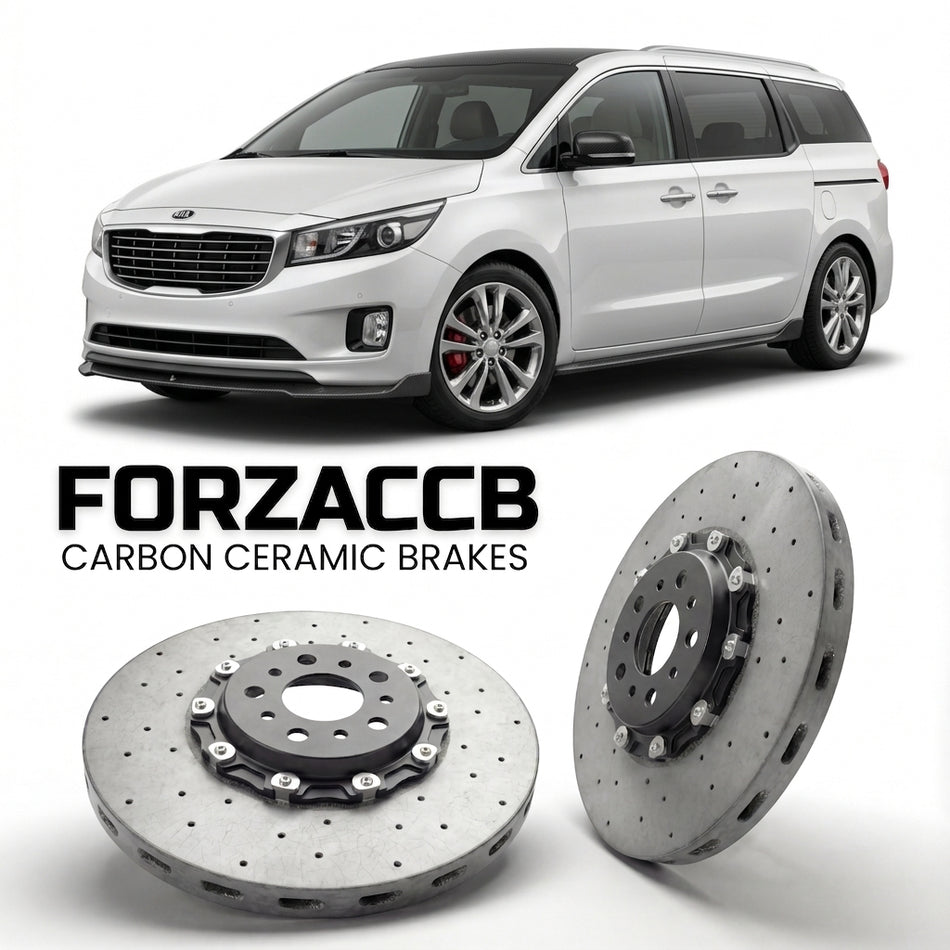 ForzaCCB direct OEM replacement carbon ceramic brake rotors for 2014 to 2018 Kia Carnival III models, shown with a white Kia Carnival car.
