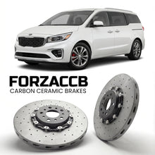 ForzaCCB direct OEM replacement carbon ceramic brake rotors for 2018-2020) Kia Carnival III (facelift 2018 models, shown with a white Kia Carnival car.