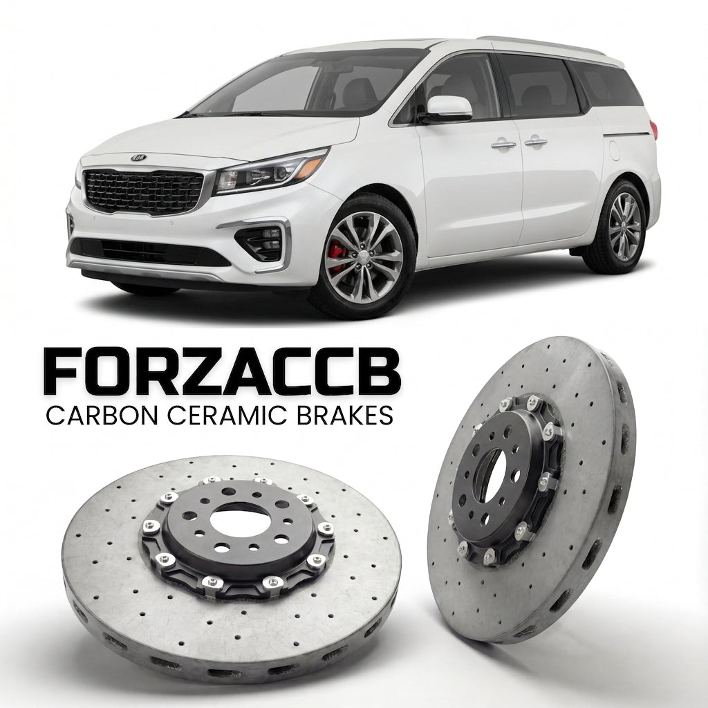 ForzaCCB direct OEM replacement carbon ceramic brake rotors for 2018-2020) Kia Carnival III (facelift 2018 models, shown with a white Kia Carnival car.