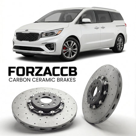 ForzaCCB direct OEM replacement carbon ceramic brake rotors for 2018-2020) Kia Carnival III (facelift 2018 models, shown with a white Kia Carnival car.