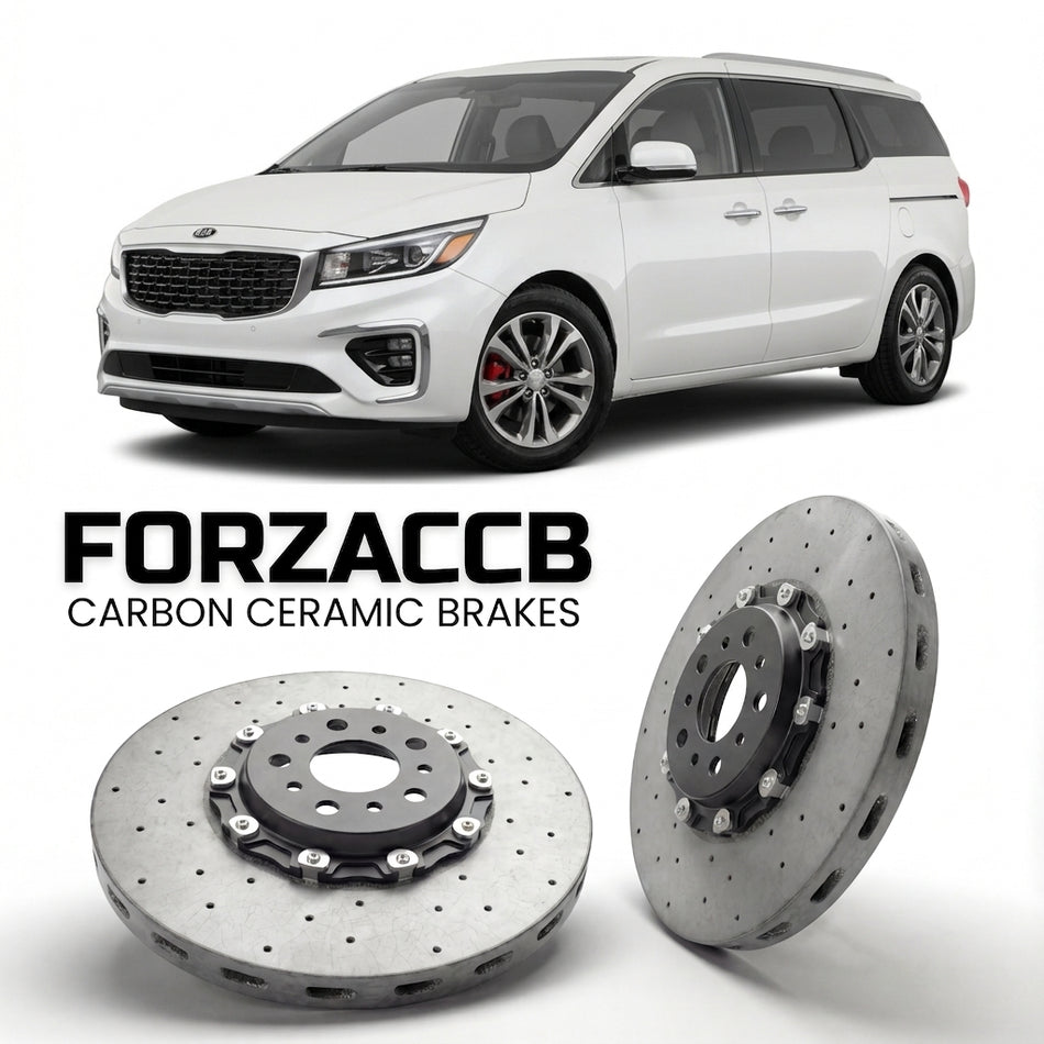 ForzaCCB direct OEM replacement carbon ceramic brake rotors for 2018-2020) Kia Carnival III (facelift 2018 models, shown with a white Kia Carnival car.