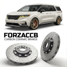 ForzaCCB direct OEM replacement carbon ceramic brake rotors for 2020 to 2024 Kia Carnival models, shown with a white Kia Carnival car.