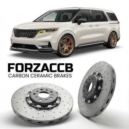 ForzaCCB direct OEM replacement carbon ceramic brake rotors for 2020 to 2024 Kia Carnival models, shown with a white Kia Carnival car.