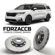 ForzaCCB direct OEM replacement carbon ceramic brake rotors for 2023+) Kia Carnival IV (facelift 2023 models, shown with a white Kia Carnival car.