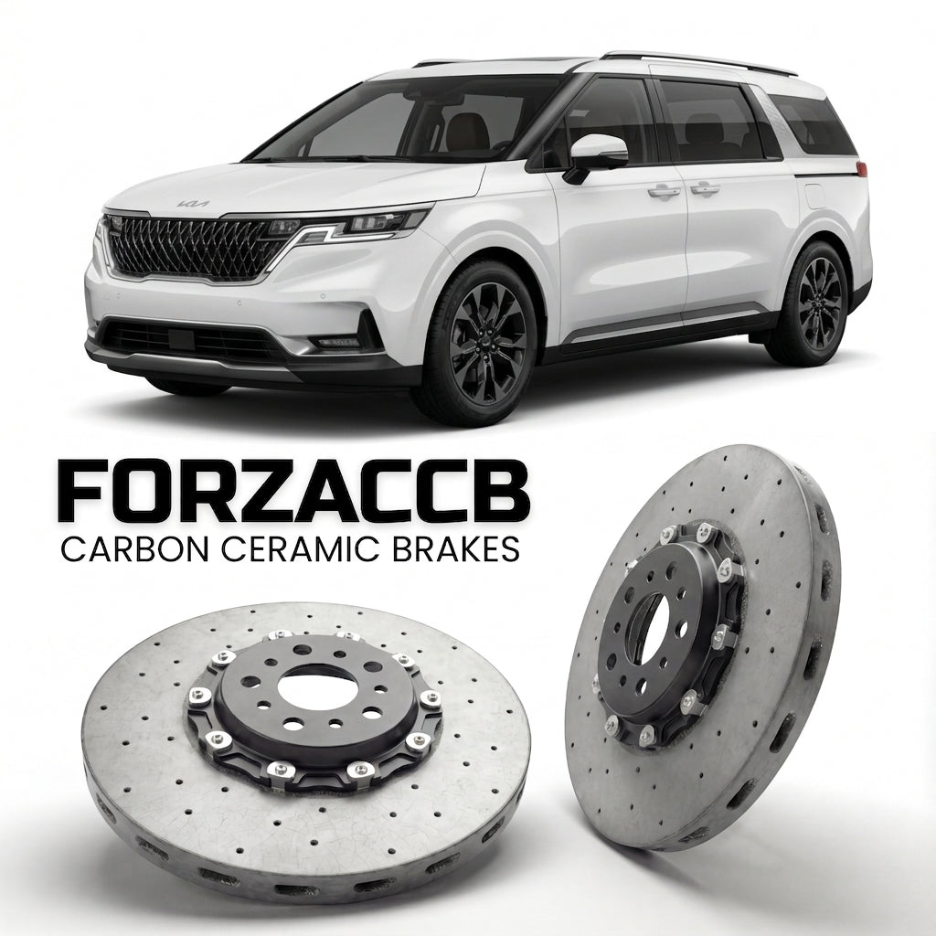ForzaCCB direct OEM replacement carbon ceramic brake rotors for 2023+) Kia Carnival IV (facelift 2023 models, shown with a white Kia Carnival car.