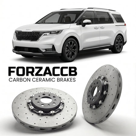 ForzaCCB direct OEM replacement carbon ceramic brake rotors for 2023+) Kia Carnival IV (facelift 2023 models, shown with a white Kia Carnival car.