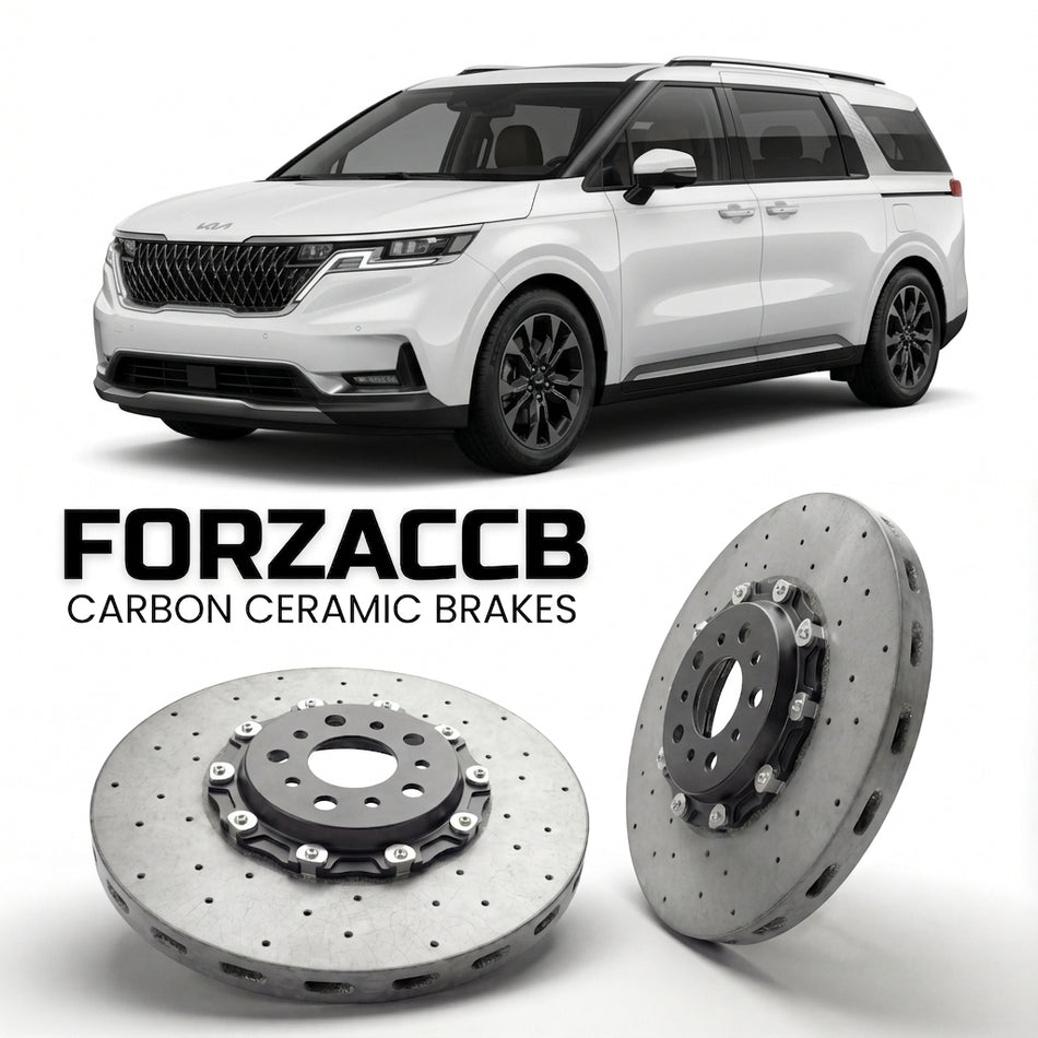 ForzaCCB direct OEM replacement carbon ceramic brake rotors for 2023+) Kia Carnival IV (facelift 2023 models, shown with a white Kia Carnival car.