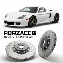 ForzaCCB direct OEM replacement carbon ceramic brake rotors for 2004 to 2007 Porsche Carrera GT models, shown with a white Porsche Carrera GT car.