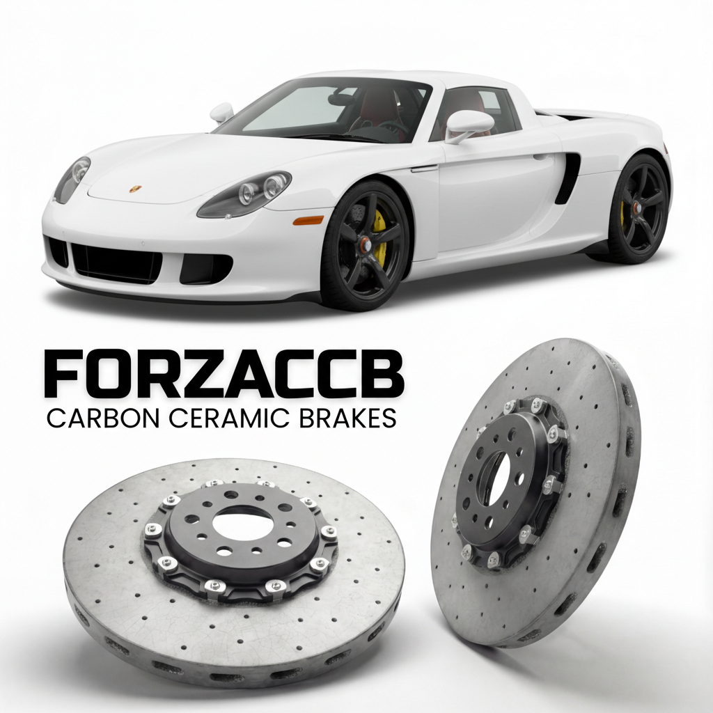 ForzaCCB direct OEM replacement carbon ceramic brake rotors for 2004 to 2007 Porsche Carrera GT models, shown with a white Porsche Carrera GT car.