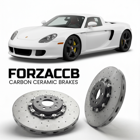 ForzaCCB direct OEM replacement carbon ceramic brake rotors for 2004 to 2007 Porsche Carrera GT models, shown with a white Porsche Carrera GT car.