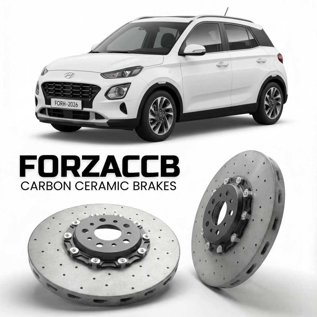 ForzaCCB direct OEM replacement carbon ceramic brake rotors for 2021 to 2026 Hyundai Casper models, shown with a white Hyundai Casper car.