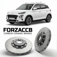 ForzaCCB direct OEM replacement carbon ceramic brake rotors for 2021 to 2026 Hyundai Casper models, shown with a white Hyundai Casper car.