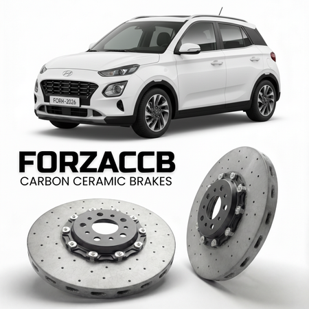 ForzaCCB direct OEM replacement carbon ceramic brake rotors for 2021 to 2026 Hyundai Casper models, shown with a white Hyundai Casper car.