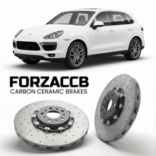 ForzaCCB direct OEM replacement carbon ceramic brake rotors for 2011 to 2018 Porsche Cayenne Base 958 models, shown with a white Porsche Cayenne Base car.