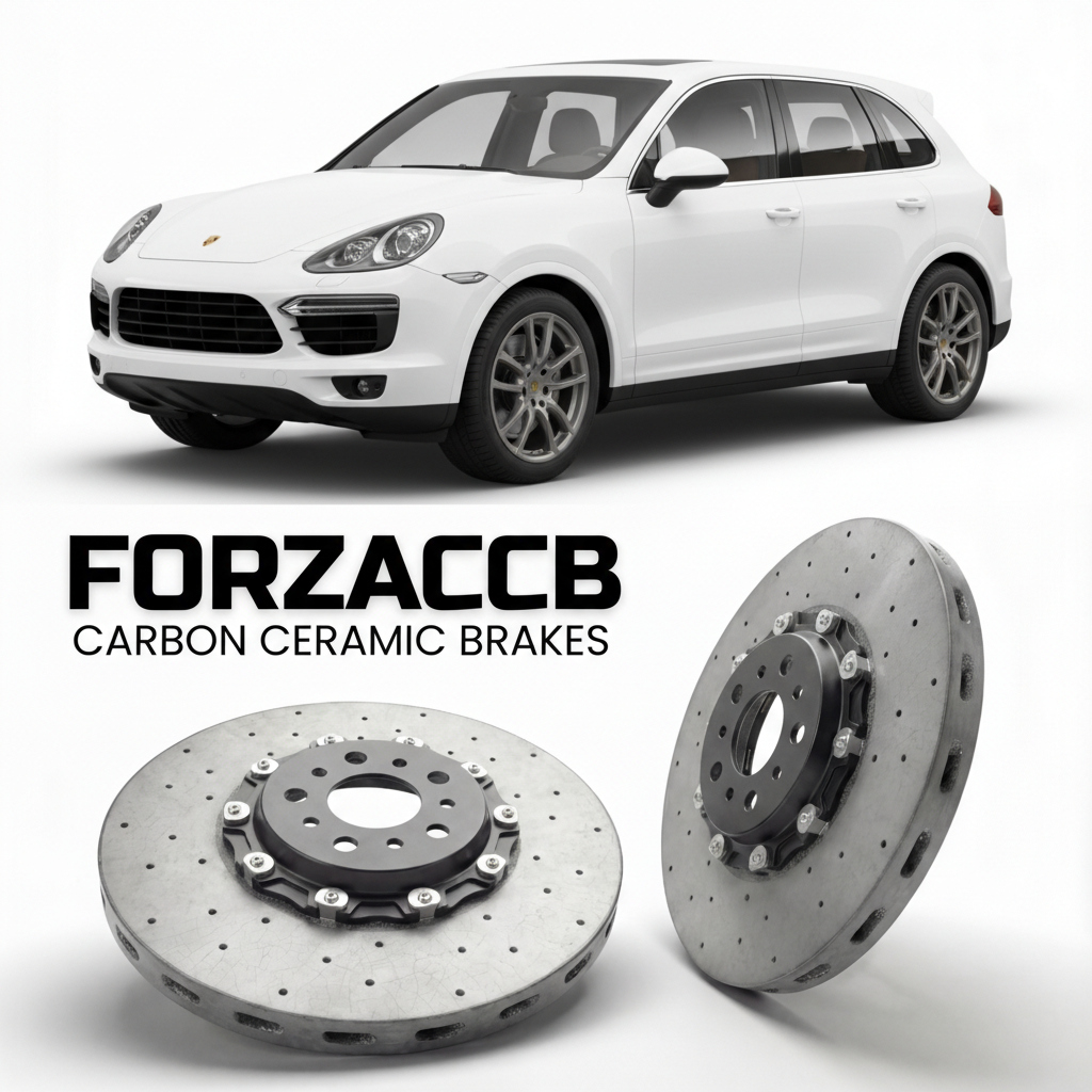 ForzaCCB direct OEM replacement carbon ceramic brake rotors for 2011 to 2018 Porsche Cayenne Base 958 models, shown with a white Porsche Cayenne Base car.