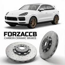 ForzaCCB direct OEM replacement carbon ceramic brake rotors for 2019 and newer Porsche Cayenne Base 9Y0 models, shown with a white Porsche Cayenne Base car.