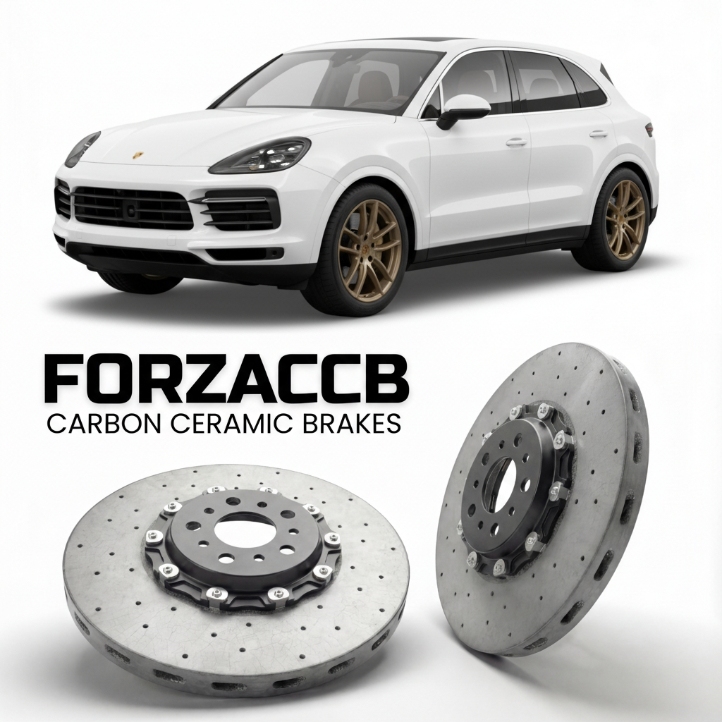 ForzaCCB direct OEM replacement carbon ceramic brake rotors for 2019 and newer Porsche Cayenne Base 9Y0 models, shown with a white Porsche Cayenne Base car.