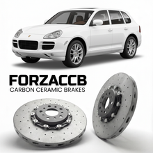 ForzaCCB direct OEM replacement carbon ceramic brake rotors for 2003 to 2006 Porsche Cayenne S models, shown with a white Porsche Cayenne S car.