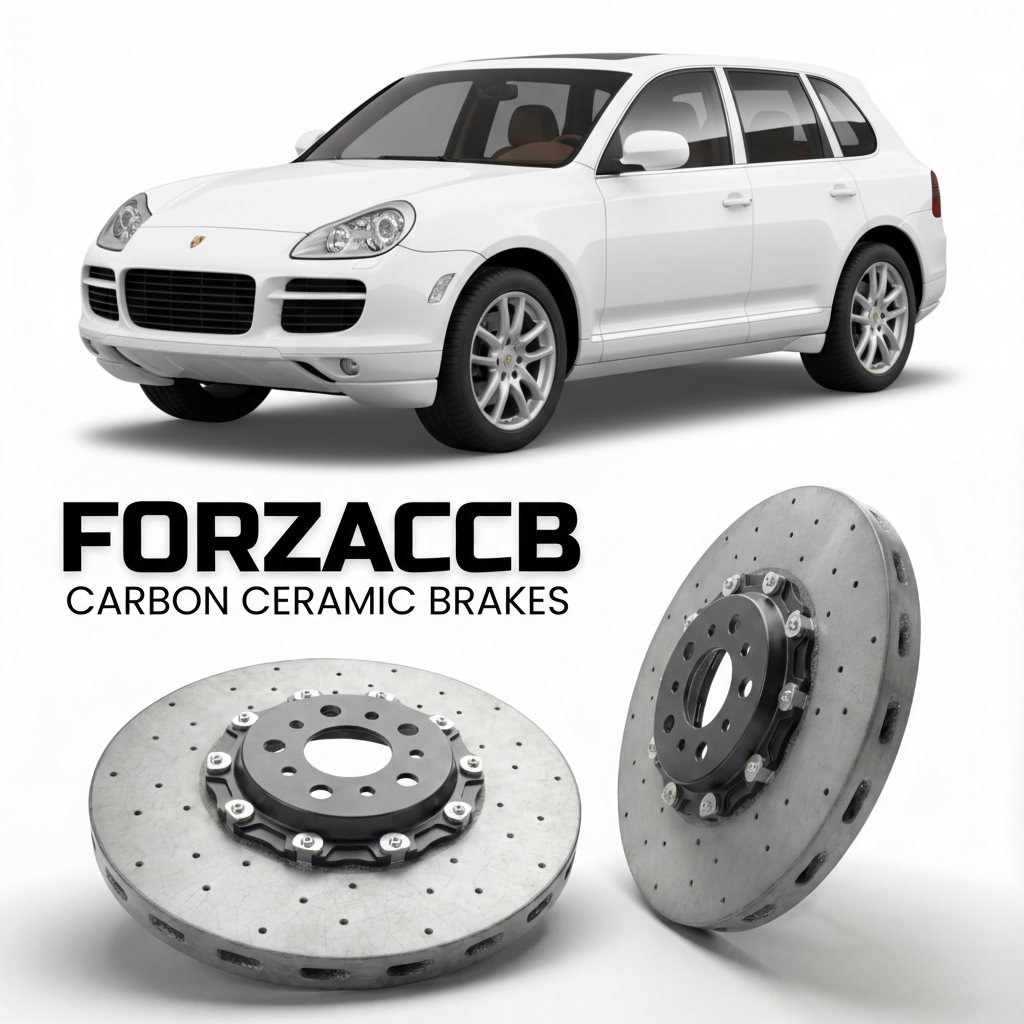 ForzaCCB direct OEM replacement carbon ceramic brake rotors for 2003 to 2006 Porsche Cayenne S models, shown with a white Porsche Cayenne S car.