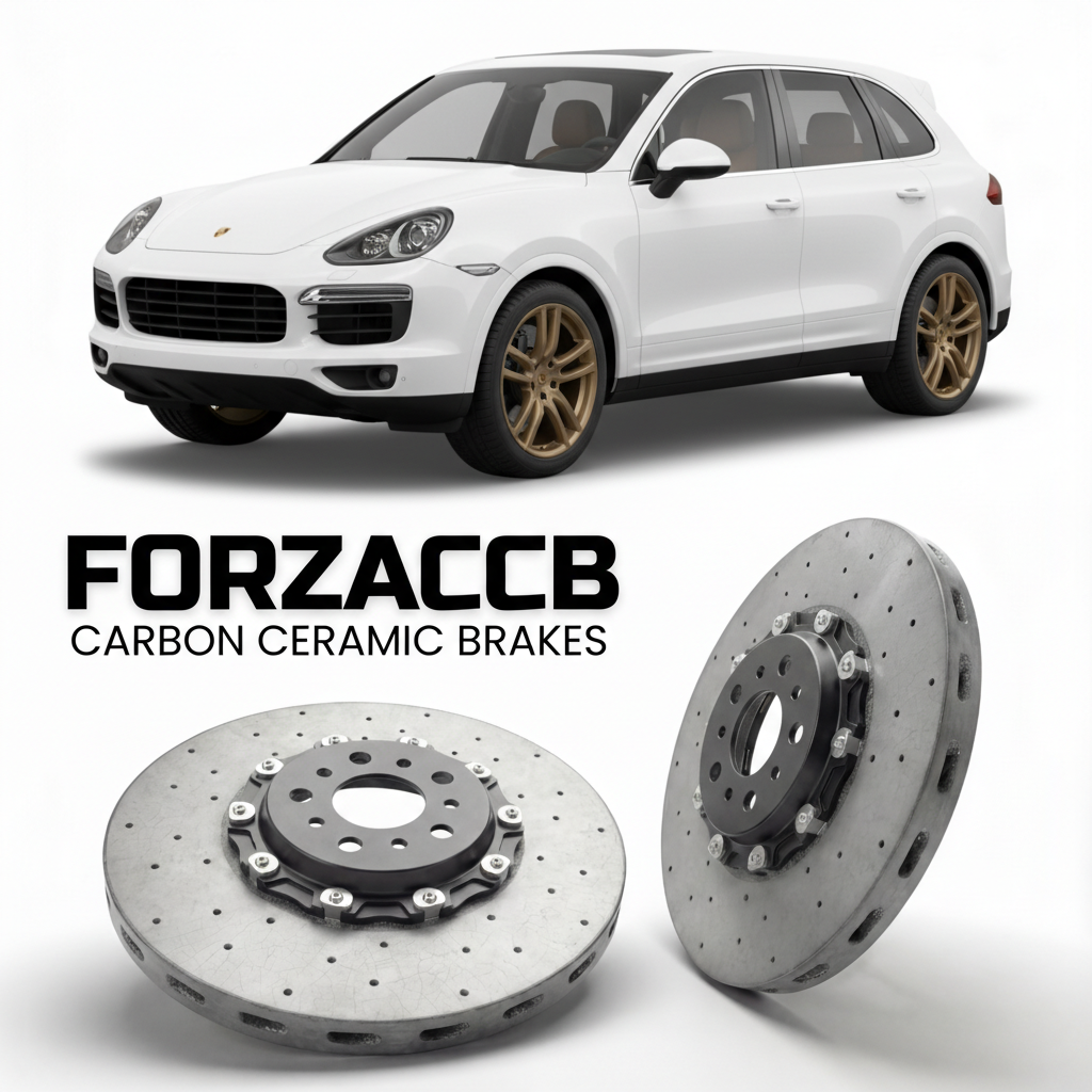 ForzaCCB direct OEM replacement carbon ceramic brake rotors for 2011 to 2018 Porsche Cayenne S 958 models, shown with a white Porsche Cayenne S car.