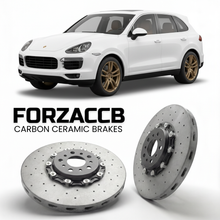 ForzaCCB direct OEM replacement carbon ceramic brake rotors for 2011 to 2018 Porsche Cayenne S 958 models, shown with a white Porsche Cayenne S car.