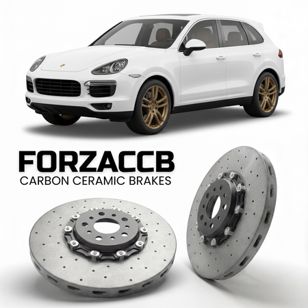 ForzaCCB direct OEM replacement carbon ceramic brake rotors for 2011 to 2018 Porsche Cayenne S 958 models, shown with a white Porsche Cayenne S car.