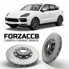 ForzaCCB direct OEM replacement carbon ceramic brake rotors for 2019 and newer Porsche Cayenne S 9Y0 models, shown with a white Porsche Cayenne S car.
