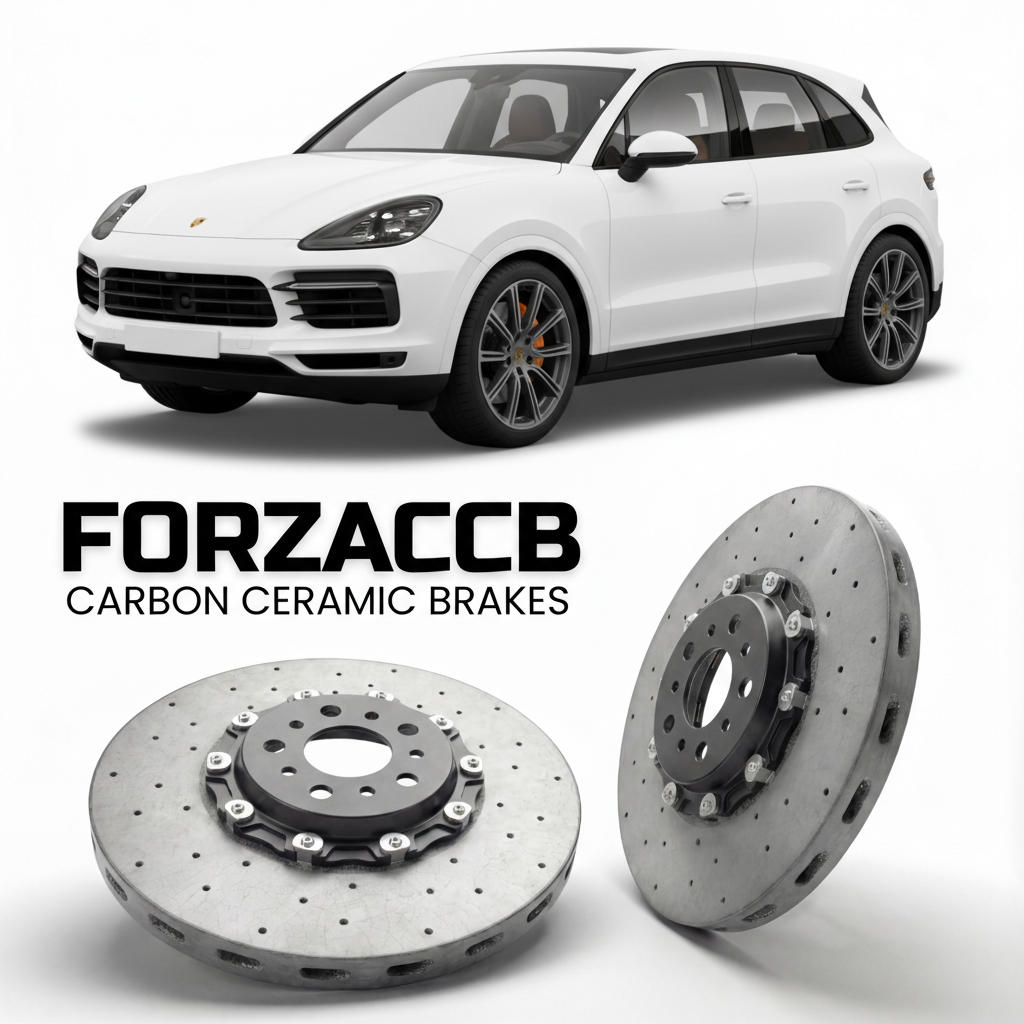 ForzaCCB direct OEM replacement carbon ceramic brake rotors for 2019 and newer Porsche Cayenne S 9Y0 models, shown with a white Porsche Cayenne S car.