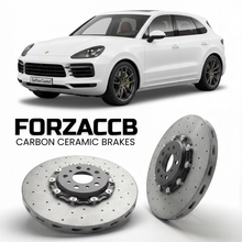 ForzaCCB direct OEM replacement carbon ceramic brake rotors for 2019 and newer Porsche Cayenne Surface Coated 9Y0 models, shown with a white Porsche Cayenne Surface Coated car.