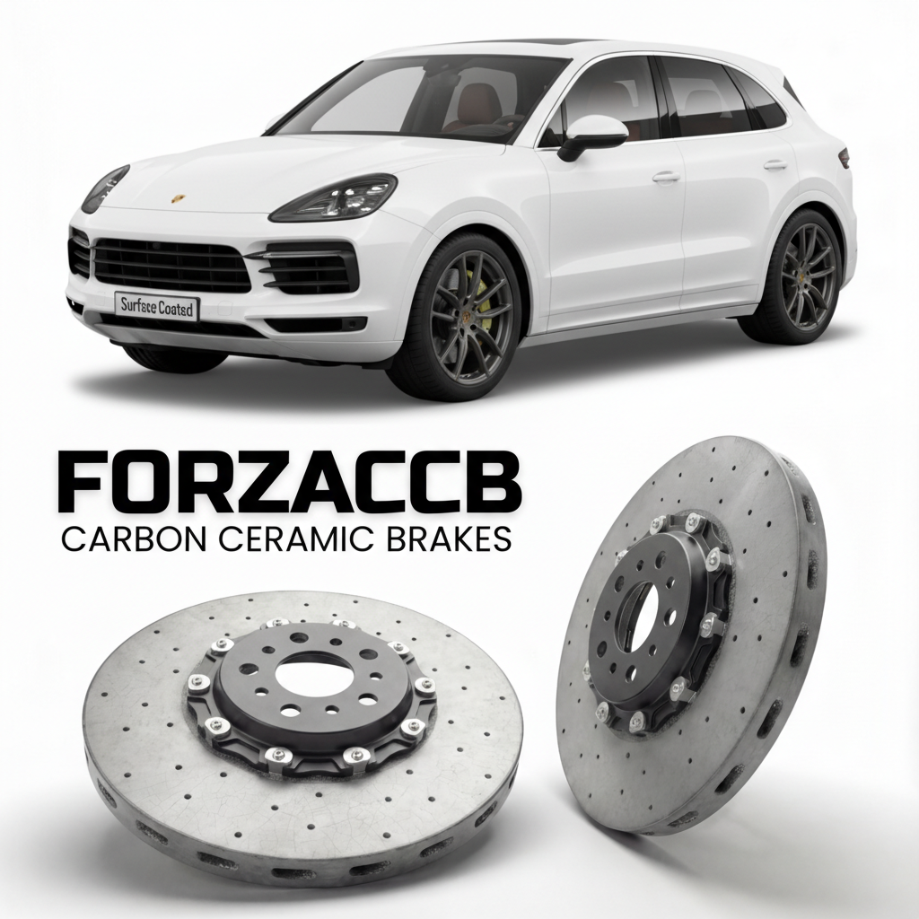 ForzaCCB direct OEM replacement carbon ceramic brake rotors for 2019 and newer Porsche Cayenne Surface Coated 9Y0 models, shown with a white Porsche Cayenne Surface Coated car.
