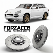 ForzaCCB direct OEM replacement carbon ceramic brake rotors for 2003 to 2006 Porsche Cayenne Turbo 955 models, shown with a white Porsche Cayenne Turbo car.