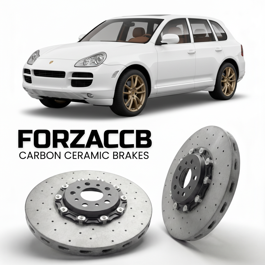 ForzaCCB direct OEM replacement carbon ceramic brake rotors for 2003 to 2006 Porsche Cayenne Turbo 955 models, shown with a white Porsche Cayenne Turbo car.